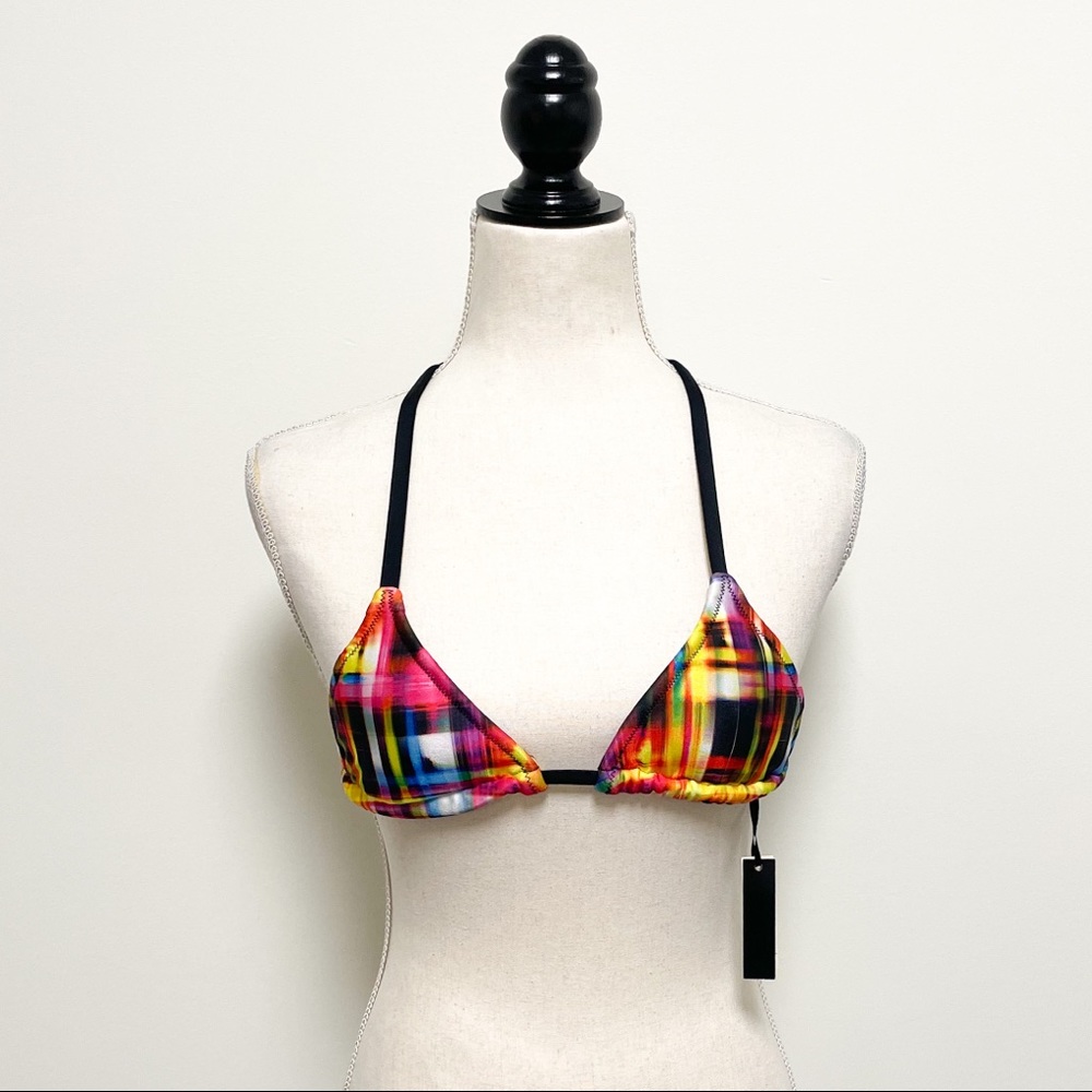 Ola Vida Blurred Geometric Plaid Sliding Triangle Halter Bikini Top NWT Small